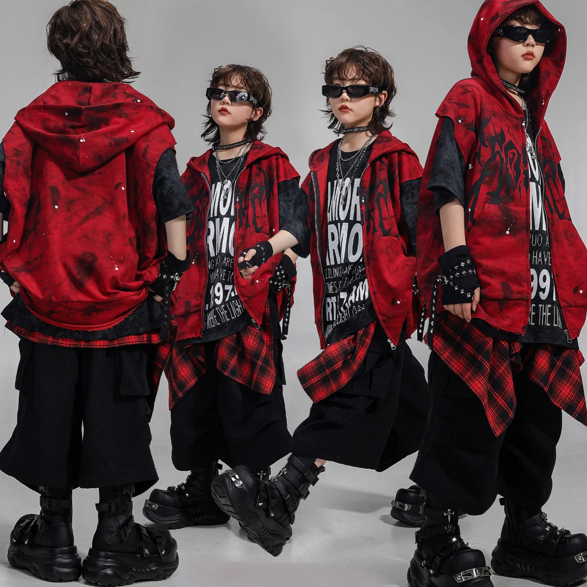 Boys Hip Hop Dancing Graffiti Hooded Vest Sweatshirt Street Dance Short Girls K-pop Costume Kids Streetwear Children Clothes Set