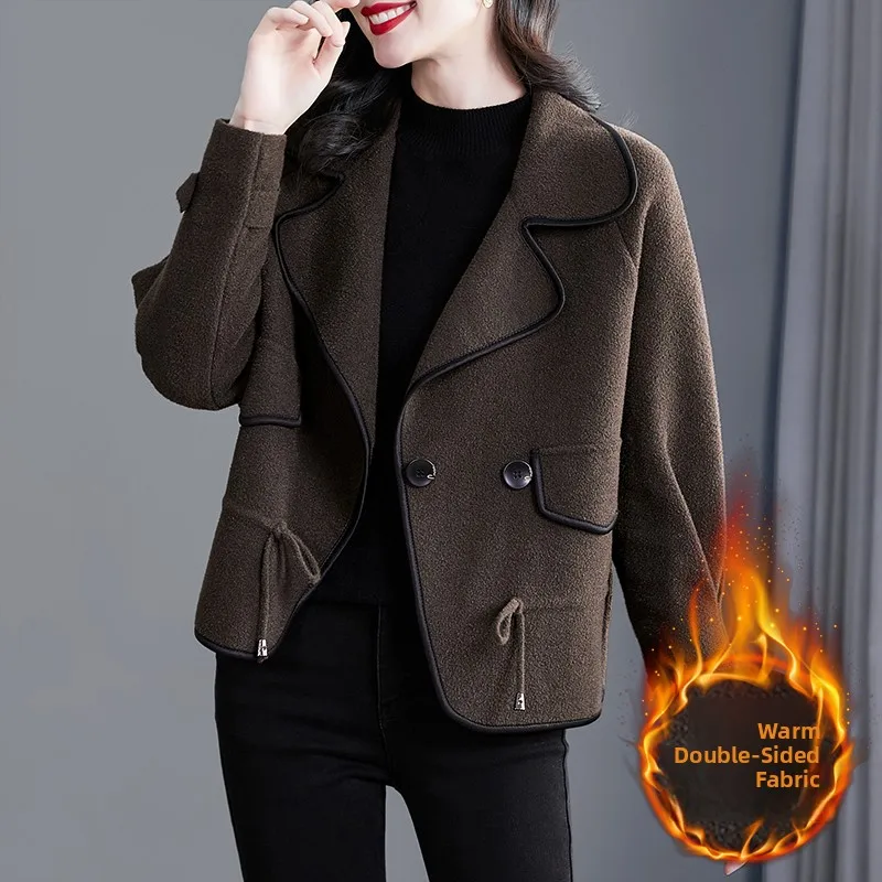 

Faionable Double-Sided Woolen ort Coat Jaet Thiened Autumn Winter Women's Outerwear Sli Top Commute Sle Pure Color