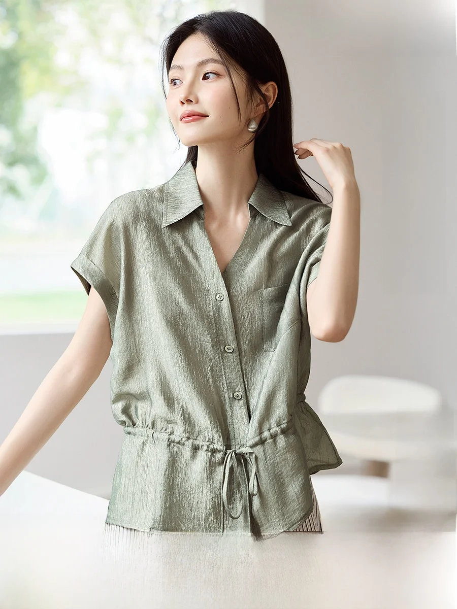 

Green Shirt Women's Thin V-neck Breathable Slimming Summer Business Casual Nylon Fabric Short Sleeve Straight Cut Shirt
