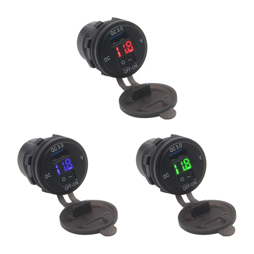 Telepon USB QC 3.0 18W, adaptor daya Motor mengecas cepat dengan saklar Display voltase Voltmeter LED kendaraan DC12V-24V tahan air