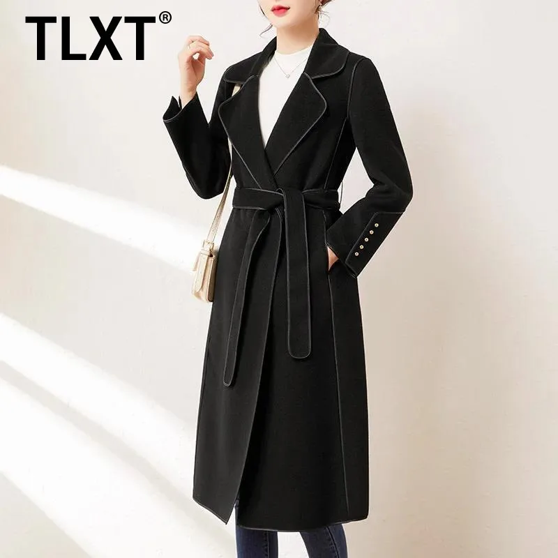 

TLXT Fashion Women's Double-Sided Wool Coat Lapel Long Sleeves Belt Woolen Coats Female Luxury Overcoat 2025 New Winter XK1661
