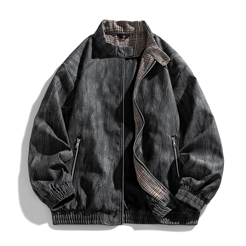 

Harrington Leather Patchwork, Prince of Wales Houndstooth Patchwork with Bark Texture, Old Money Style Velvet-Feel Leather Texture Stand-Up Collar Jacket, Vintage Workwear Style Loose Coat, Zipper Design, Multi-Zip Pockets, Textured Leather Fabric, Ribbed