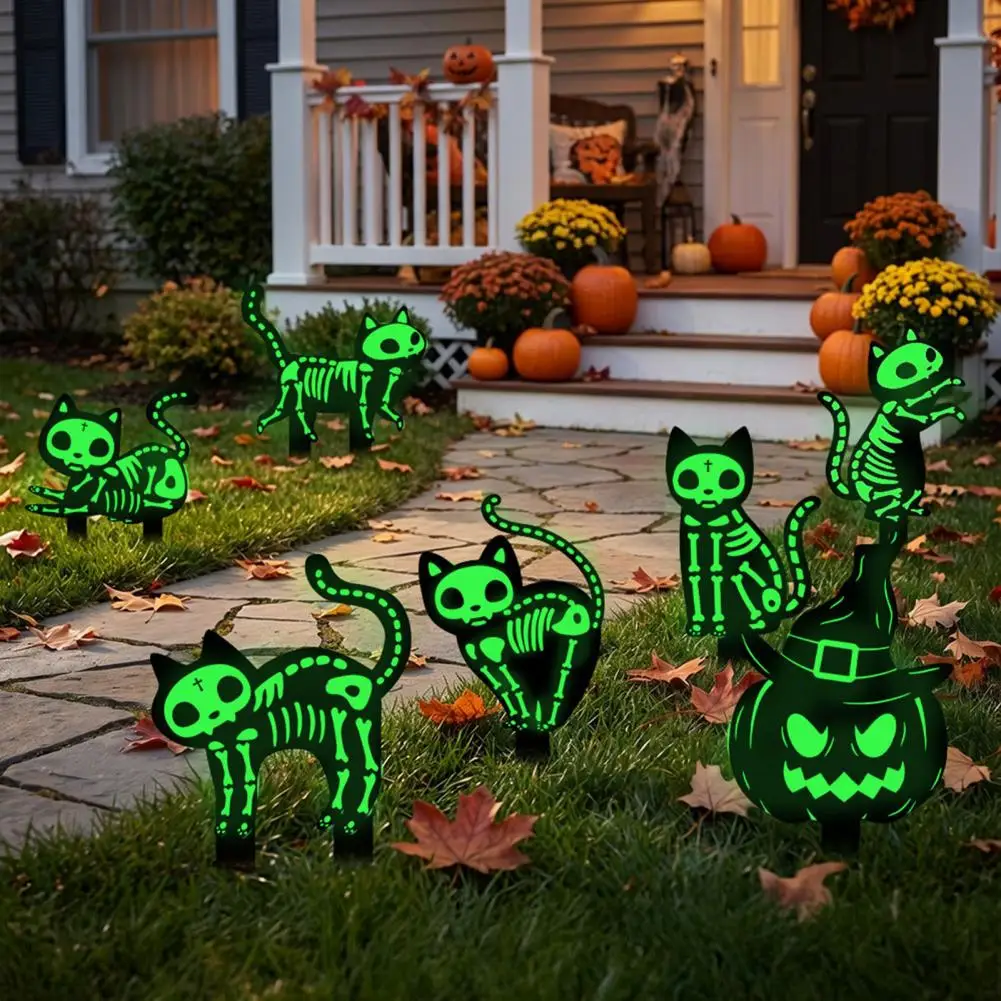 Halloween Skeleton Black Cat Yard Sign Weather Resistant Lawn Ornaments Glow Dark Skeleton Cat Garden Stake Spooky for Outdoor