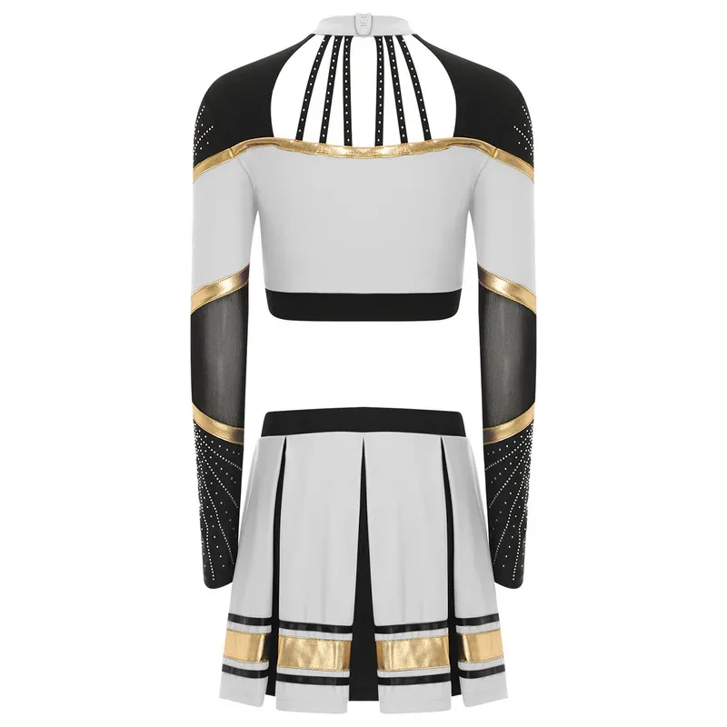 Sky01 Conjuntos de uniformes de alegria femininos Conjuntos de dança de líder de torcida Roupa de torcida Manga comprida lantejoulas Top curto com saia plissada Sd01 $