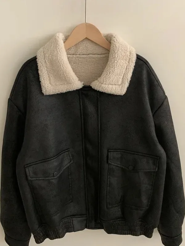 เสื้อโค้ทกันลมสไตล์เรโทรเกาหลีสำหรับผู้หญิง แขนยาว แต่งขนแกะที่ปกเสื้อ ดีไซน์หรูหรา เสื้อโค้ทฤดูหนาวสำหรับผู้หญิง