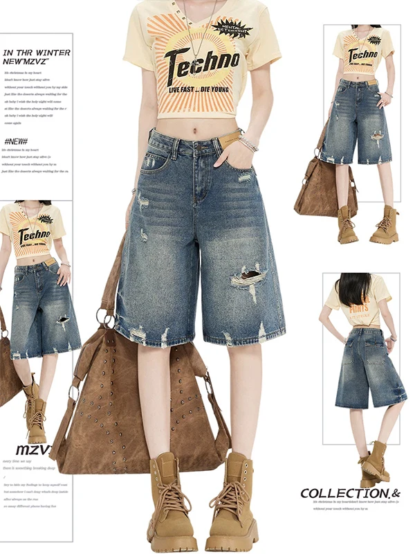 Retro American Blue Hole Five-Point Women's Summer Thin Loose Straight Leg Wide Leg 5-Point Medium Short Jeans Casual High Wa...