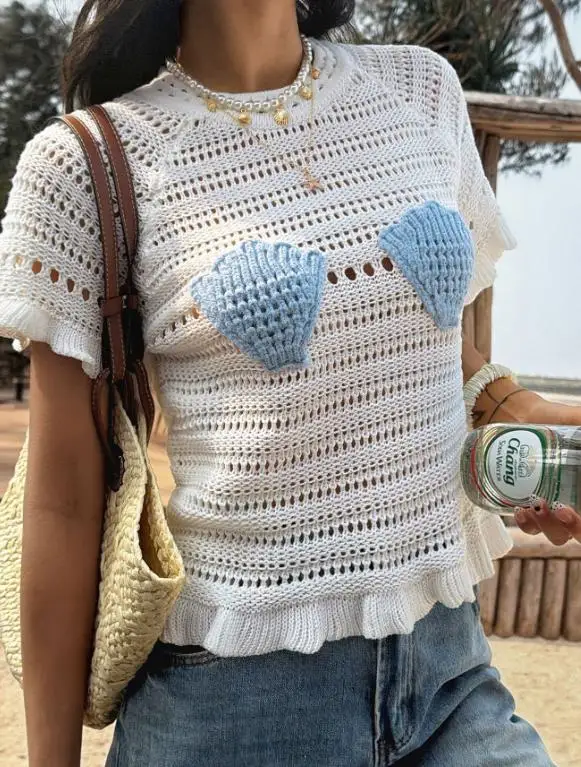 

Summer Women's Vacation Hollow Out Beach Top Female Daily Clothing 2026 New Style Women Fashion Ruffled Hem Loose T-Shirt