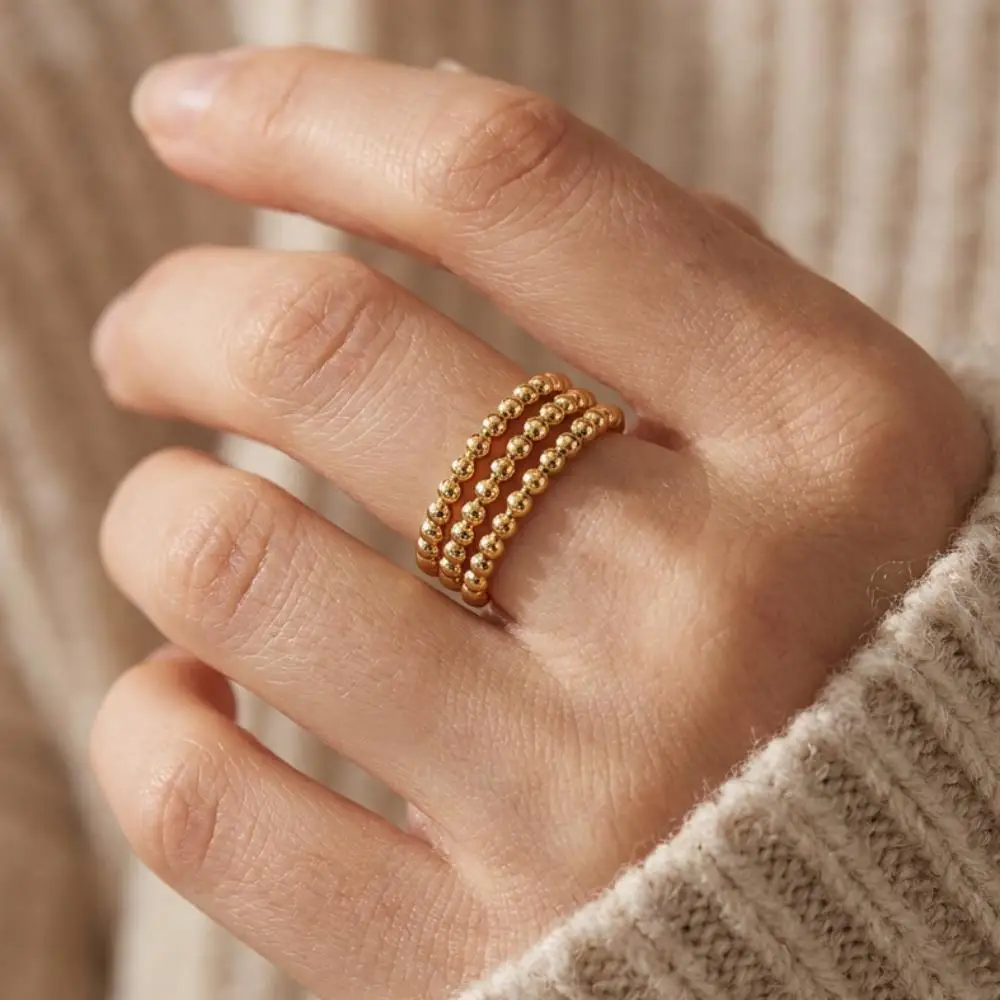 Mariasz Minimalist 1/3pcs Dainty Thin Stackable Bead Ball Ripple Ring Stainless Steel PVD Gold Color Delicate Jewelry For Women