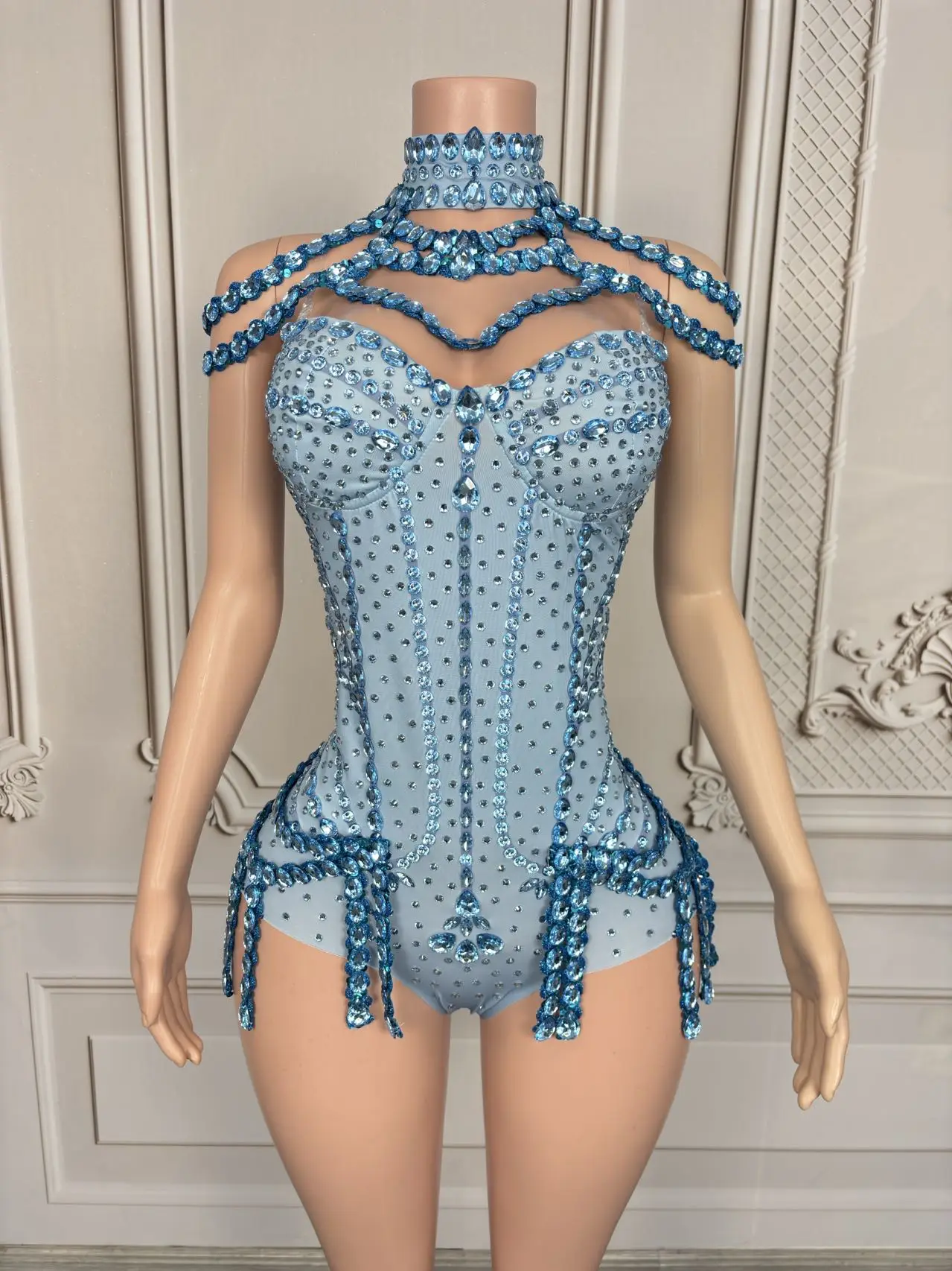 Tianlan-mono con corsé Sexy, chal con cuello desmontable, traje de actuación de Bar con diamantes de imitación azules, vestido de baile de celebridades