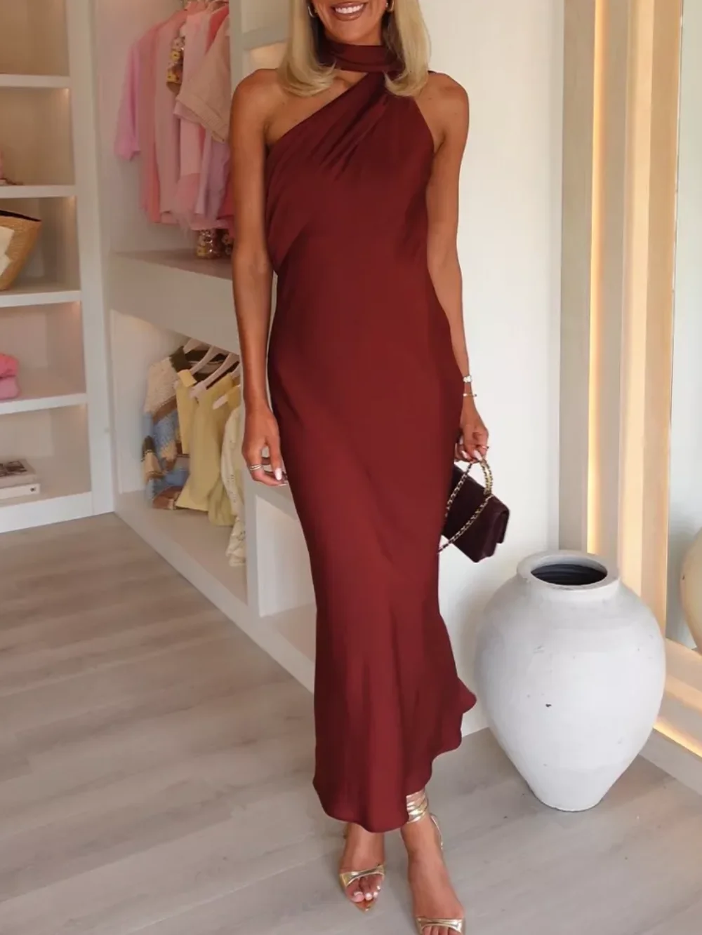 

Sexy Elegant Chic Women's Backless Dress Satin Solid Color Ribbon Backless Maxi Dress Fashion 2025 Summer Evening Dress