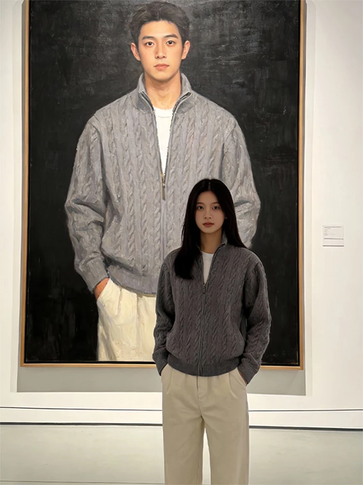 

Мужской зимний вязаный свитер-кардиган в американском стиле с высоким воротником, повседневный, свободного кроя, с длинными рукавами, на молнии, трикотажная одежда