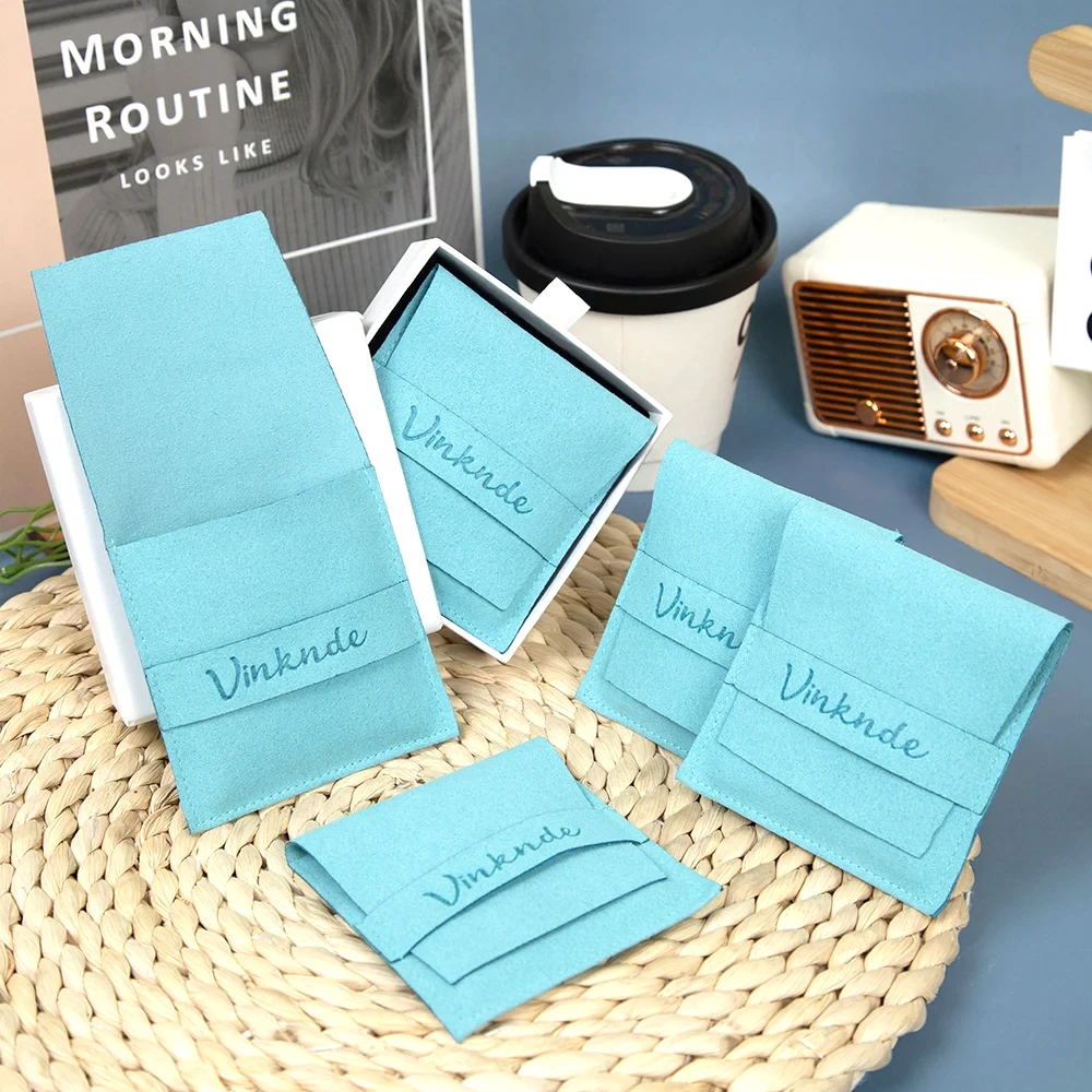 

50Pcs Lovely Jewelry Pouch Blue Microfiber Jewellry Packaging Bag Custom Logo Earring Necklace Bracelet Storage Suede Gift Bags
