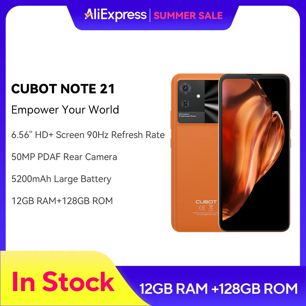 Cubot Note 21, Android Smartphone, 12GB RAM(6GB+6GB Extended), 128GB ROM, 6.56 Inch 90Hz Screen, 50MP Camera, 5200mAh, Face ID