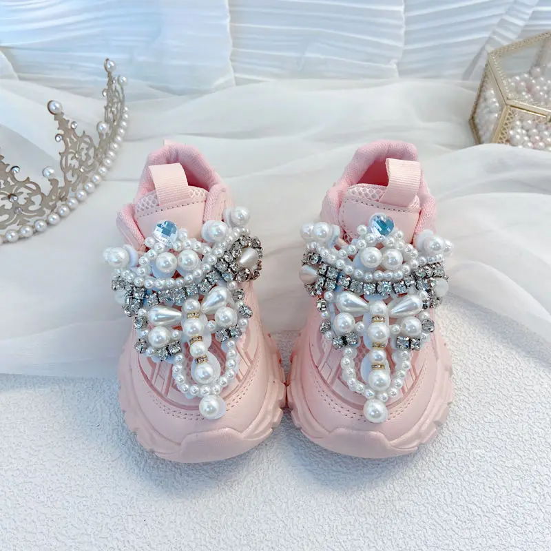 Rhinestone Kids Sneakers Girls Spring Fashion Casual Running Sports Trainers Brand Breathable Children Pearl with Diamond Flats