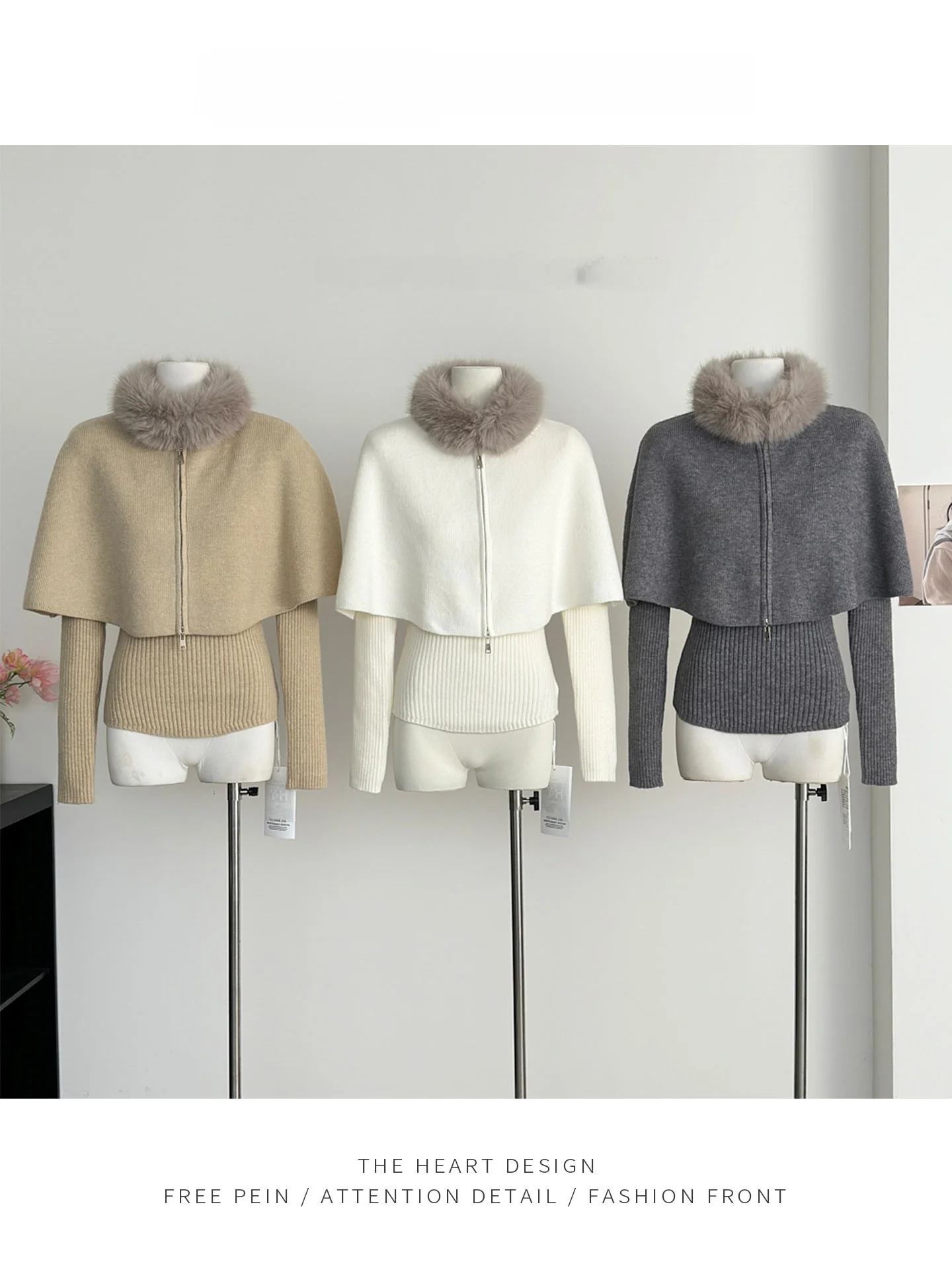 

Комплект Burjuman Early Nana Thousand Gold: вязаный свитер с отстегивающимся меховым воротником-капюшоном, женский, осенне-зимний, повседневный, универсальный