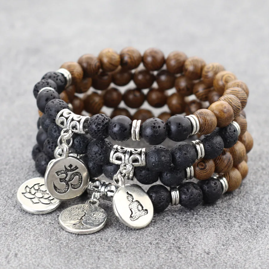 New Natural Wenge Wooden Bracelet For Men Women Yoga Meditation Lotus Flower Sanskrit Tree Of Life Braslet Lava Healing Braclet