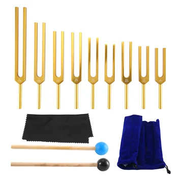Tuning Fork Set - 9 Tuning Forks for Healing Chakra, Sound Therapy, Body, Mind and Spirit in Perfect Harmony - Gold