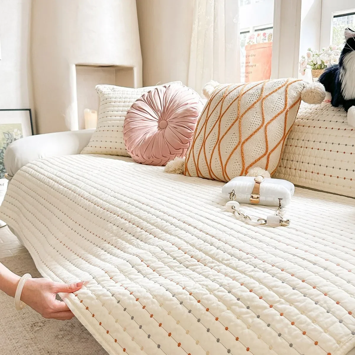 Washed Cotton Sofa Cover Colorful Embroidery Sofa Cushion Suitable For All Seasons Living Room Sofa Furniture Protection Pad