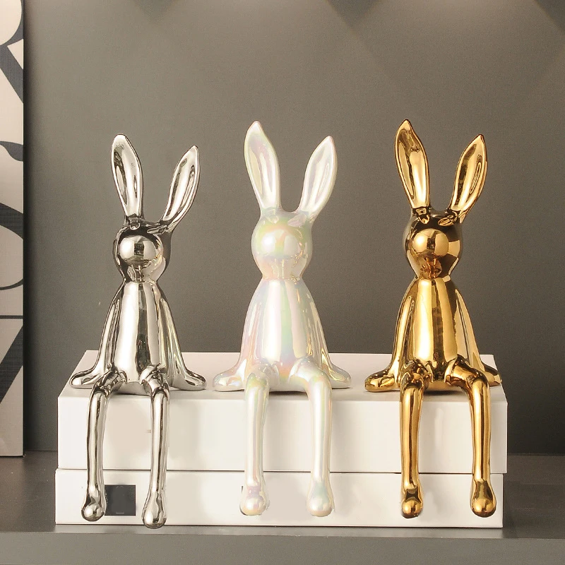 Rabbit Statues Office Home Decor Creative Shiny Modern Nordic Animal Figures Decorative Centerpieces Bunny Art Sculpture Crafts