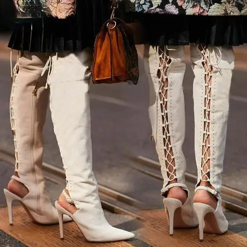 

Elegant Women White Suede Cross Tied Pointed Toe Hollow Slingback Over The Knee Boots Stiletto Heel Small Buckle Run Way Boots