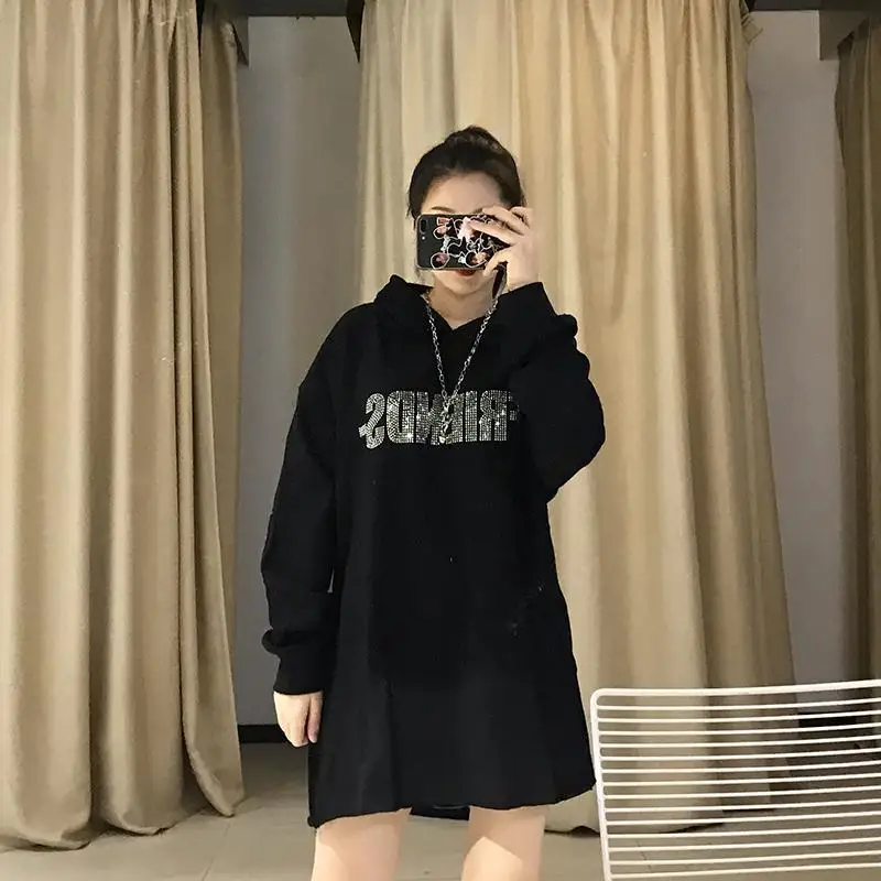 Female Clothes Hooded Glitter Tops Sequin Text Sweatshirts for Women Black Baggy Letter Printing Loose Rhinestone Hoodies Cotton