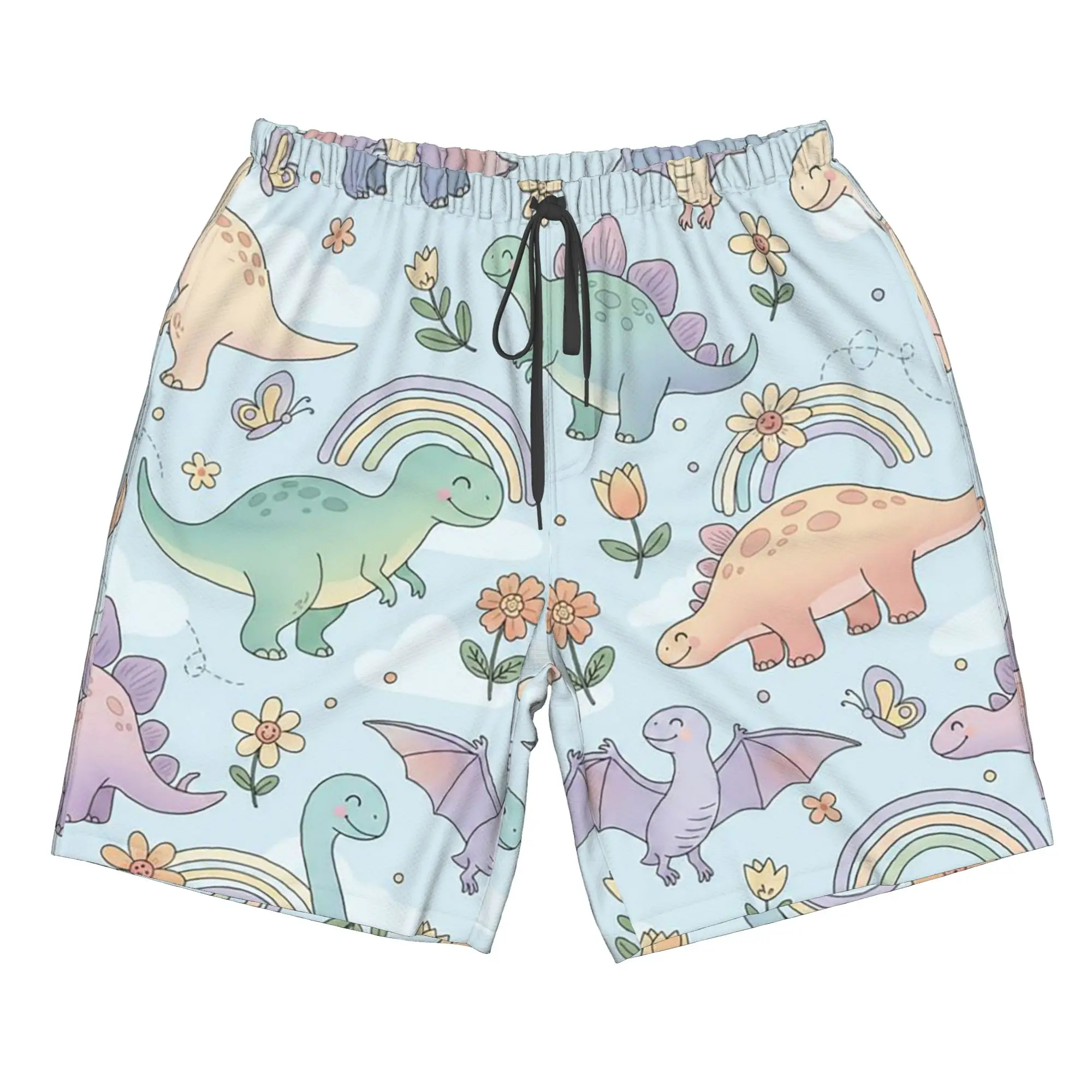 Cartoon Dinosaur And Rainbow Pattern Trunks Beach Board Shorts Casual Quick Dry Swim Summer Men Pants