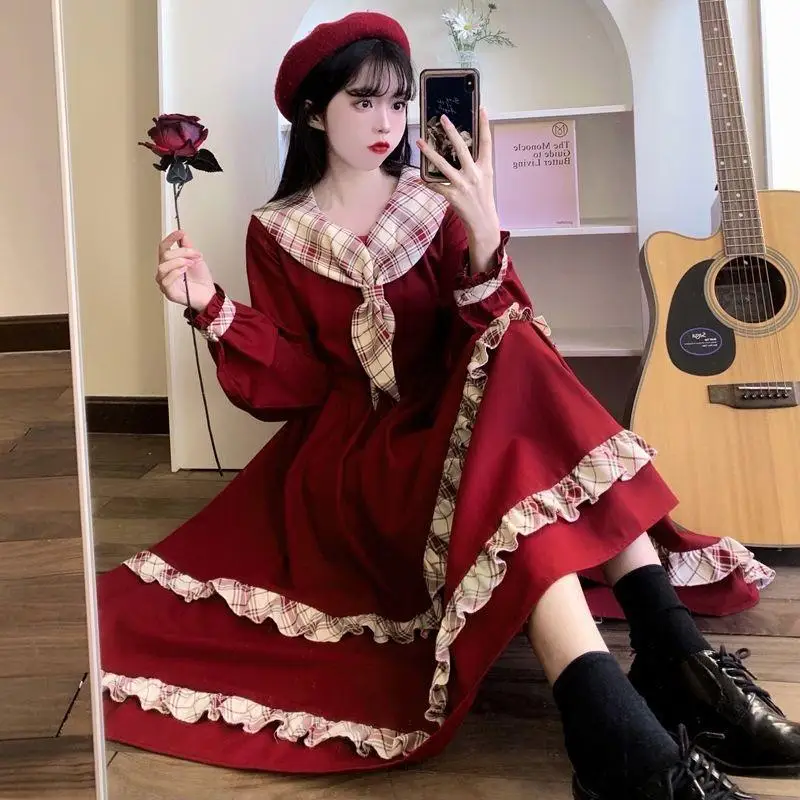 Patchwork Doll Collar Long Sleeve Mid Length Skirt Elegant Fashion Harajuku Slim Fit Female Clothes Loose Casual Sweat Dresses