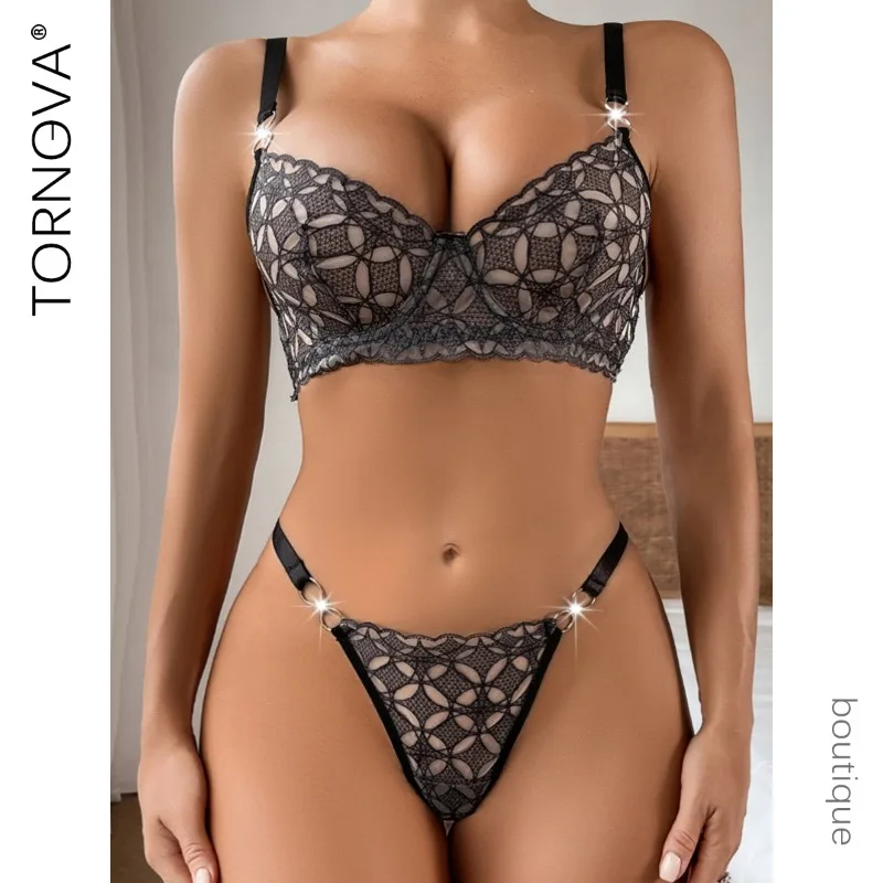 

Tornova Sexy Woman Underwear Mesh See-through Diamond Embroidered Slim Fit Shaping Sexy Lingerie Split Set with Steel Ring New