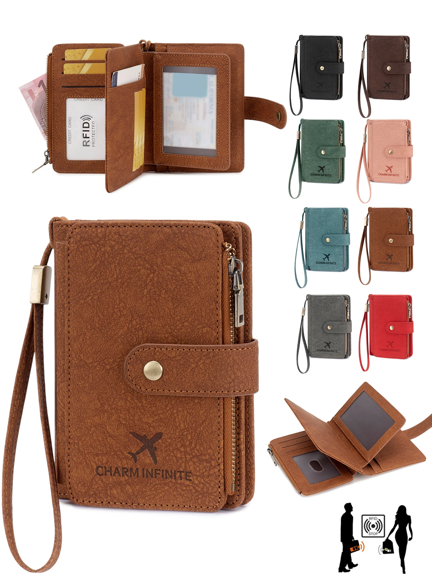 

Ретро-кошелек для паспорта с RFID-защитой от кражи, четырехсекционный кошелек для паспорта с окошком для ID-карты и отделением для кредитных карт, унисекс-аксессуар для путешествий.