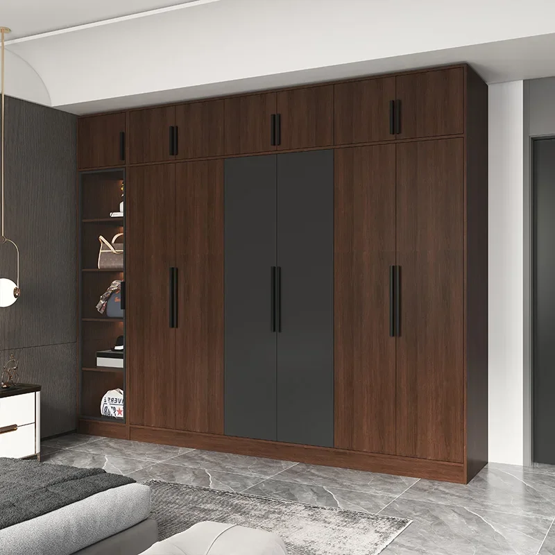 

Modern sliding door wardrobe, home bedroom, Nordic solid wood walnut color assembly, wall mounted wardrobe can be customized