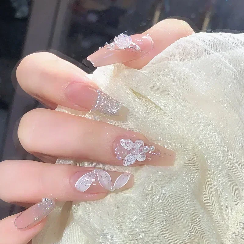 24 Uñas Postizas Negras con Moño, Bailarina, Desmontables, Cuadradas, Cobertura Completa 3