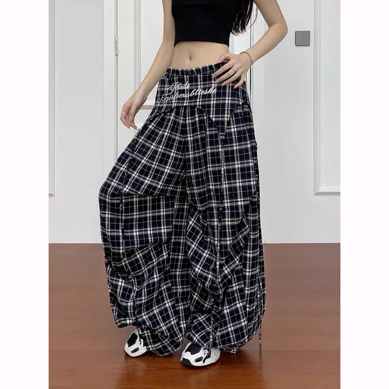 

Vintage Plaid Wide Leg Pants Women Y2K Japanese Streetwear Casual Scimitar Pants Harajuku Loose Pockets Straight Trousers