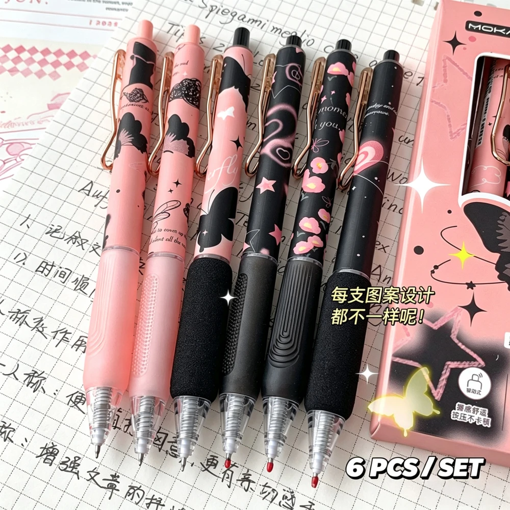6Pcs/Set Butterfly Gel Pen ST Nib Aesthetic Pen 0.5mm Quick Dry Black Ink Writing Pen Kawaii Stationery School Office Supplies