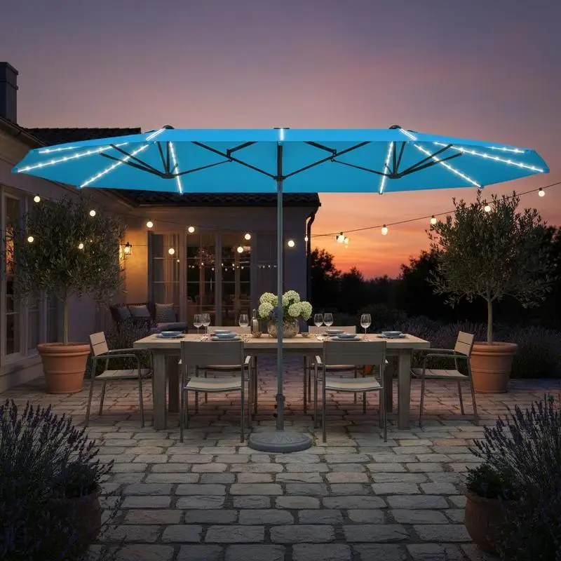 

Double Umbrella with Solar Lights, Aluminum, Polyester, Upf50+ Protection, Uv Resistant, Patio Umbrella, Blue