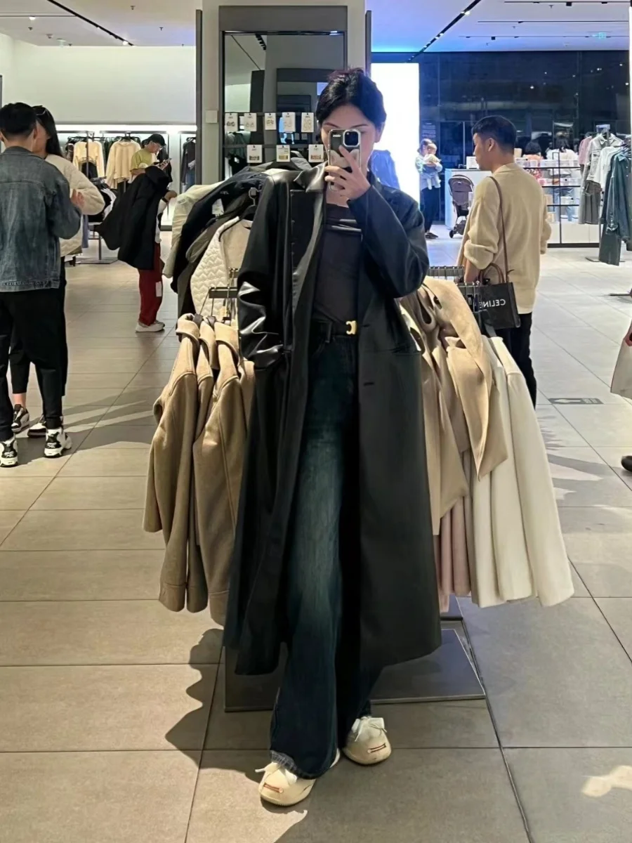 Bla Long Lapel Faux Leather Coat Women's Commute Sle Outerwear Autumn Winter New Arrival Ele Straight Cut PU Material