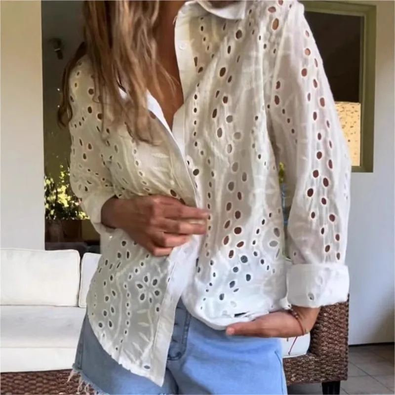 Fashion Women\'s Blouses Spring And Autumn White Shirt Collar Loose Embroidered Hollow Large Size Shirt Tops For Women Clothing