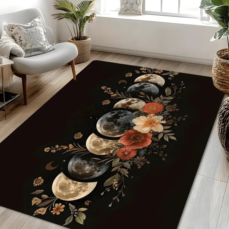 Moon Phase Flannel Rug Floral Print Black Area Carpet Soft Non-slip Floor Mat for Living Room Bedroom Home Decor