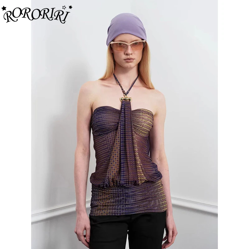 

RORORIRI Retro Plaid Striped Bandage Halter Top Women Backless Grayu Corset Slim Fit Printing Sleeveless Vest Y2k Summer Clothes