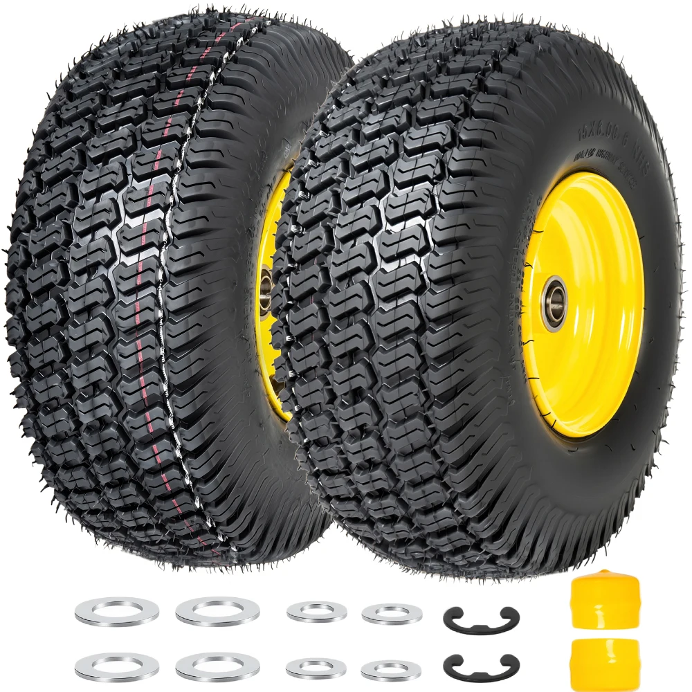 

Комплект из 2 шин и колес для газонокосилок 15x6.00-6, 4-слойные бескамерные, для газонов, ступица 3 дюйма, подшипники 3/4 дюйма, желтый обод, нагрузка до 570 фунтов