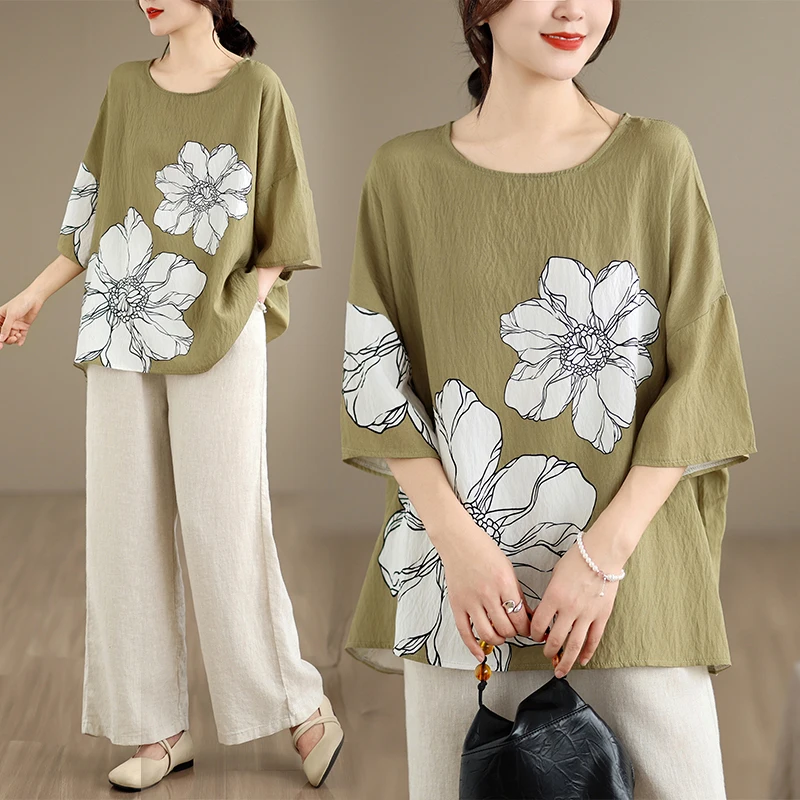 

Loose Cotton Linen Base Shirt round Neck T-Shirt Ethnic Style Women's plus Size Summer New Arrival Fashion Commute Style Shirt