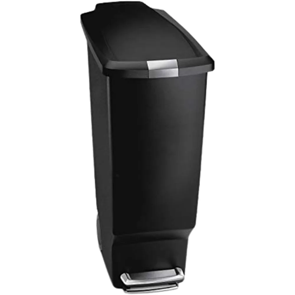 

40 Liter / 10.6 Gallon Slim Kitchen Step Trash Can With Secure Slide Lock, Black Plastic