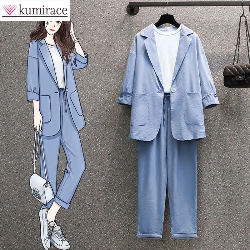 

Large Cotton Hemp Casual Suit Jacket Elegant Women 2022 New Korean Pure Color Fashion Suit Two-piece Set Suits 2 Elegant Pieces