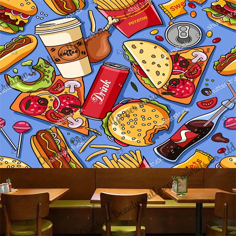 

Custom Hand Painted Fast Food Burger Wallpaper Industrial Decoration Mural Restaurant Snack Bar KTV Background Wall Papel Tapiz