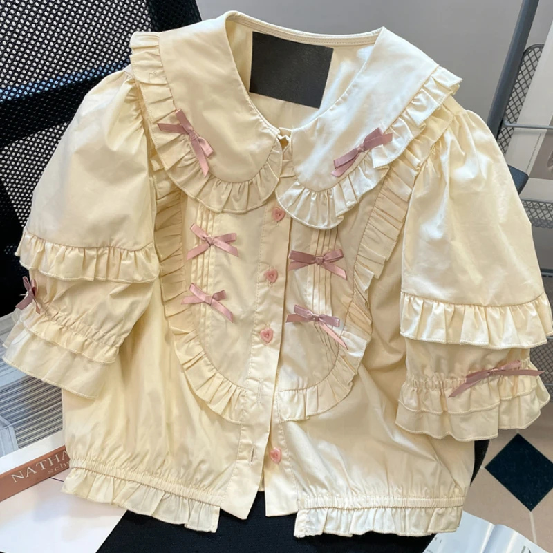 

French Vintage Sweet Lolita Blouses Kawaii Ruffles Bow Peter Pan Collar Short Sleeve Tops Women Summer Preppy Style Button Shirt