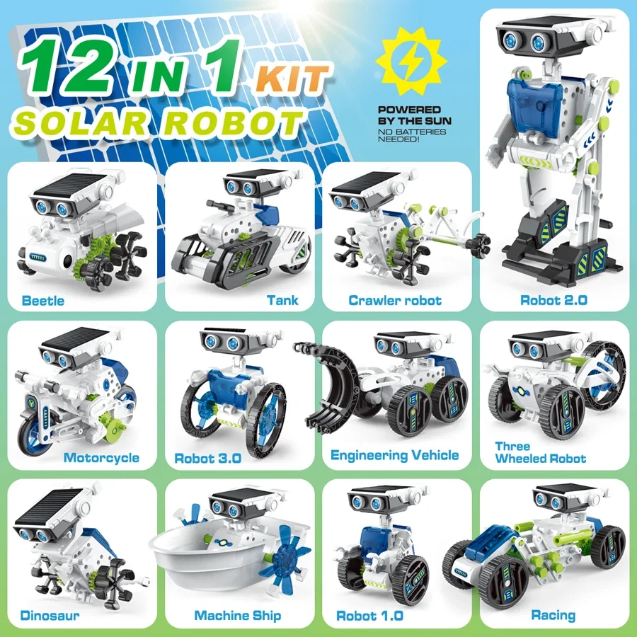 Zestaw Robotów Solarnych STEM 12 w 1, Zabawka Edukacyjna do Eksperymentów Naukowych dla Chłopców i Dziewcząt, DIY, Konstrukcja dla Dzieci, Elektryczne Roboty Solarny, Prezent Urodzinowy