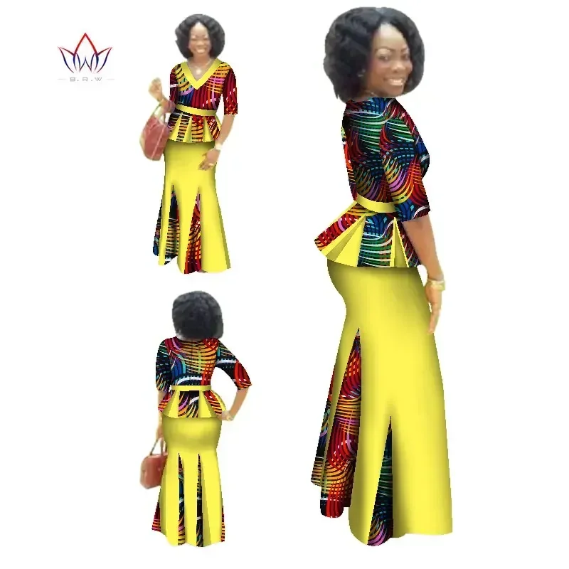 Roupa africana tradicional 2 peça conjunto roupas femininas meia manga maxi vestido dashiki africano saia impressão livre cachecol 6xl wy1435