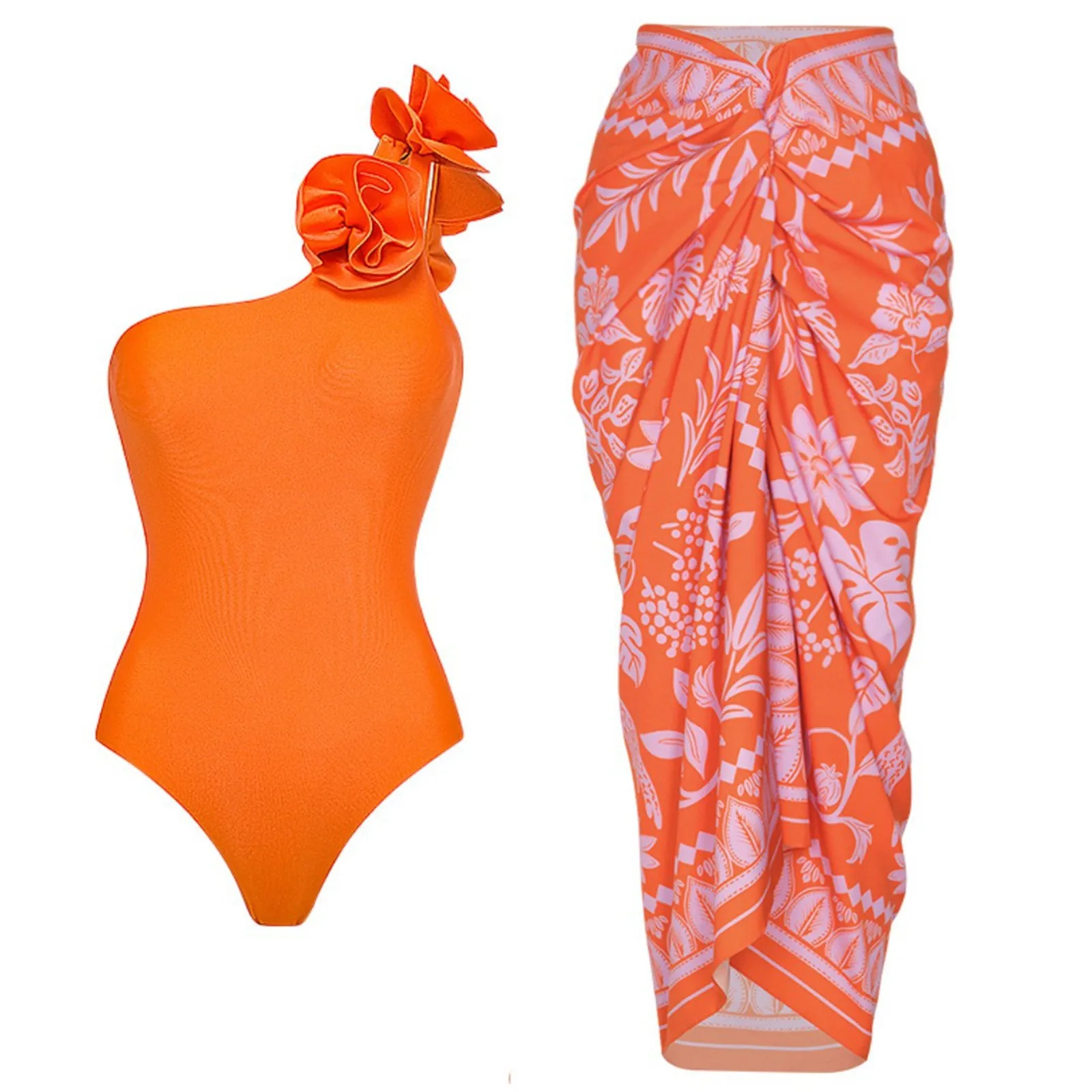 Women Fashionable One Shoulder Three Flower With Breast Pads And No Steel Support Shiny Orange High vacation pool