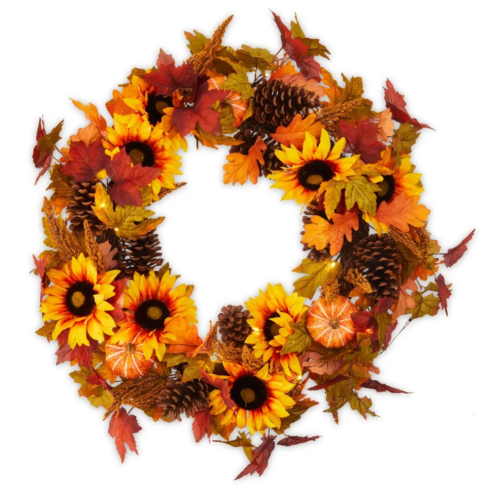 Orange Sunflower and Maple Leaf Mix Confetti 30 Inch Pre-Lit Fall Wreath Decoration Halloween Decorations Free Shipping Birthday