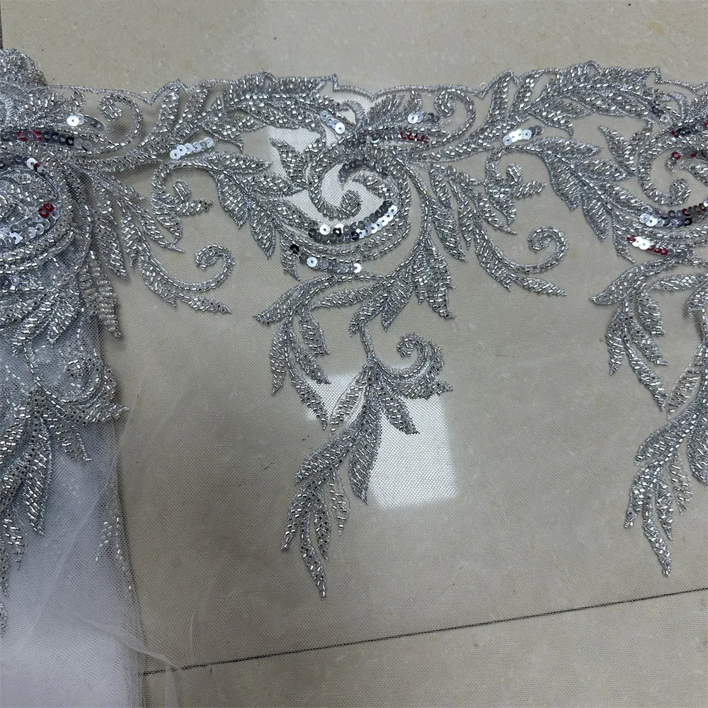 5yards Exquisite Rose Gold Floral rhinestone sequin seed bead lace applique Leaves pattern Lace Trim for Bridal dress