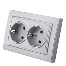 WESA Silvery Power 2 Socket EU Electrical Outlett With Ground Wall Socket Plugs Flame Retardant Spray Paint Plastic Embed Socket